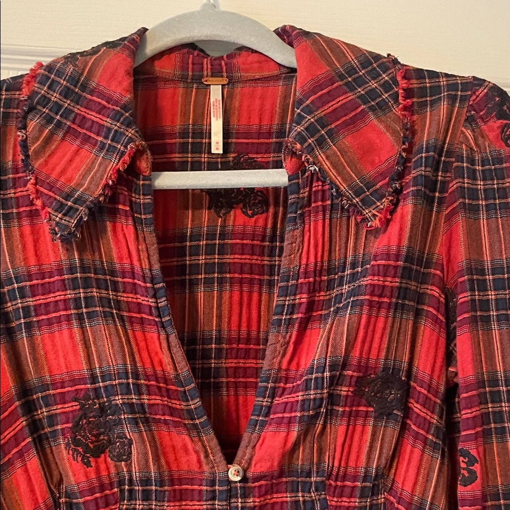 Free People Ezra Embroidered Red Plaid Bell Sleeve Top - Picture 8 of 8